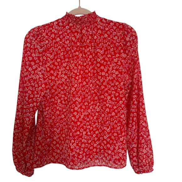 J. Crew Smocked keyhole top Red Pink Heart Medium blouse Top Ruffle. Size Small. - Picture 4 of 6